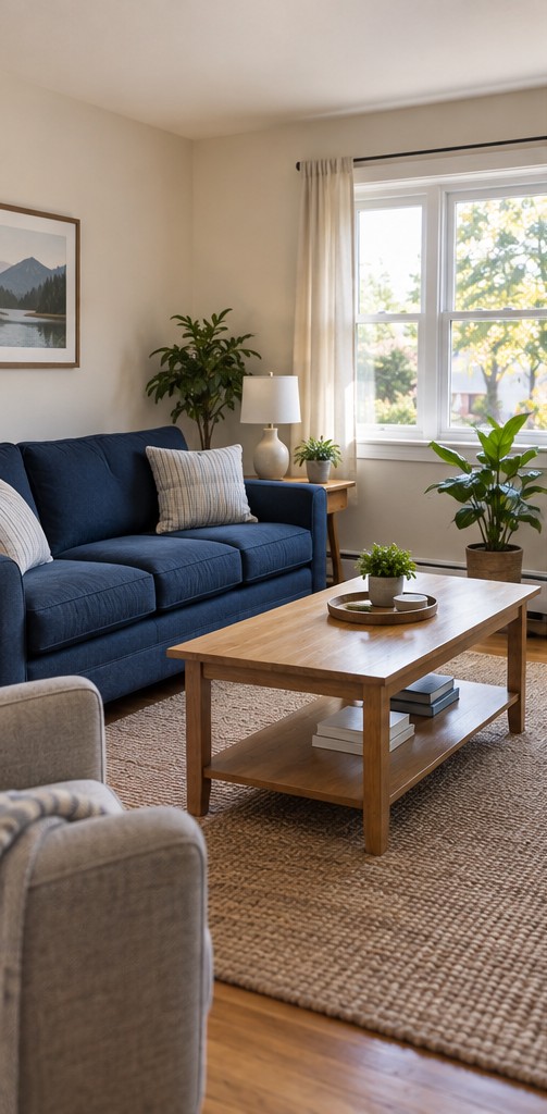 Illustrative shared living room with comfortable seating and natural light