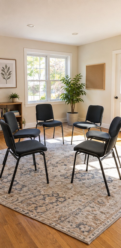 Illustrative group meeting space with chairs arranged in a circle